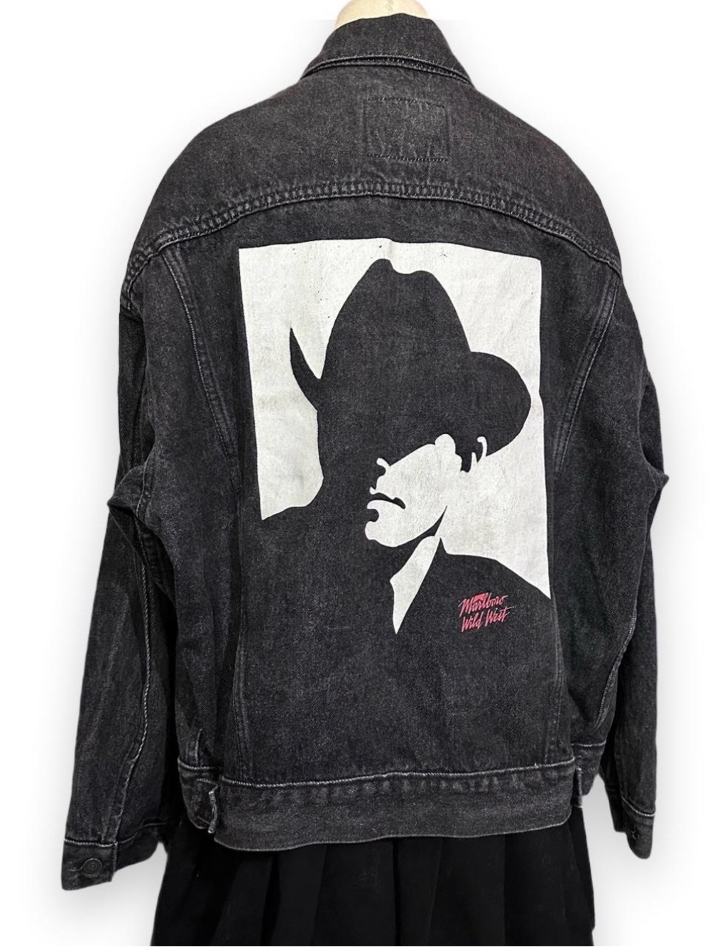 Vintage Marlboro Black Graphic Denim Jacket with Cowboy Back Print Unisex Cotton